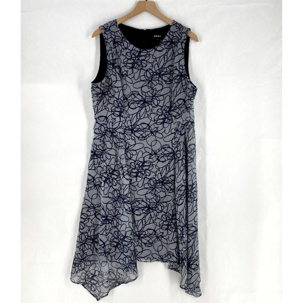DKNY Fit & Flare Dress‎ Womens 16 Blue Floral Asymmetric Hem Sleeveless Back Zip